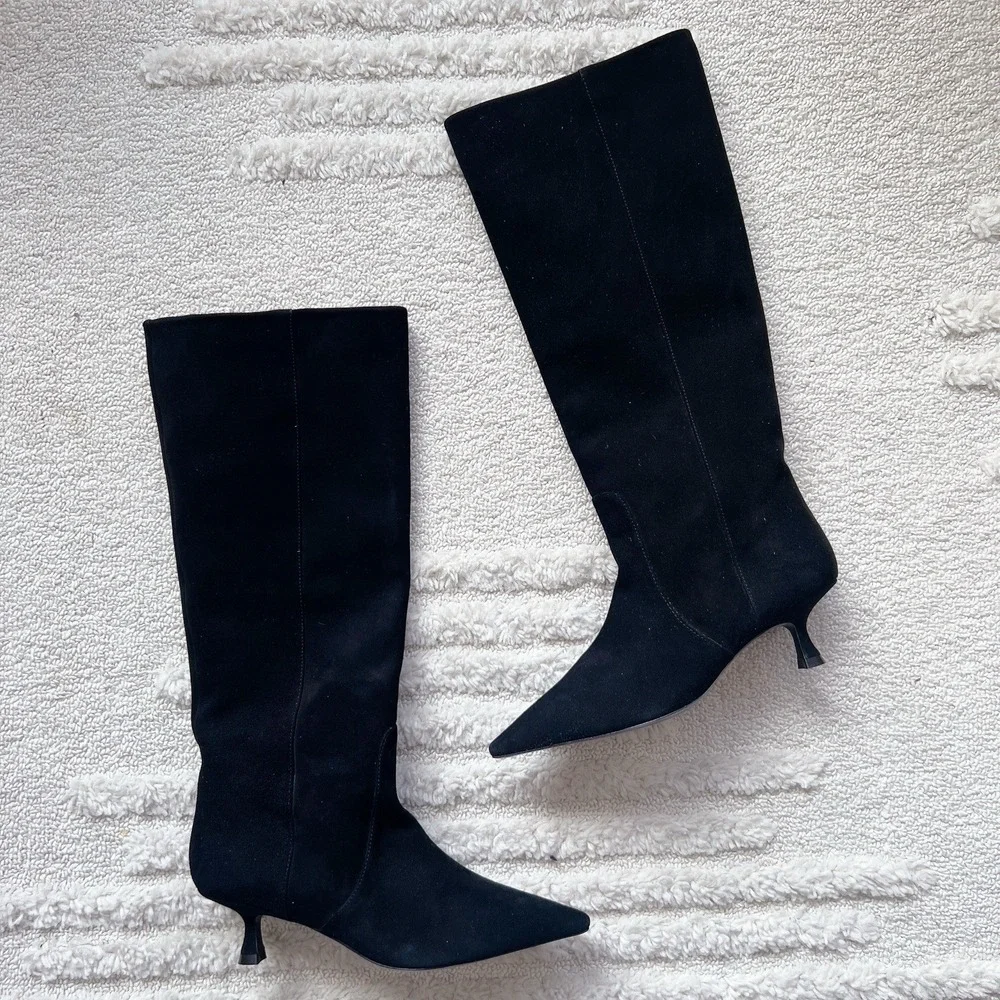 Stuart Weitzman Vinnie 50 Pointed Toe Knee High Boots Black Suede Pull On US 6
